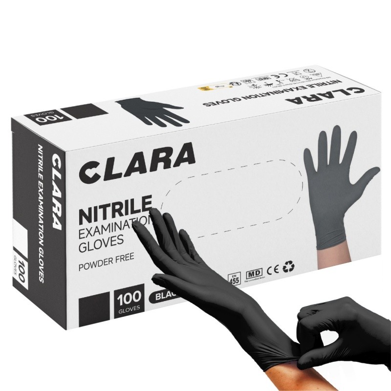 ერთჯერადი სამედიცინო ხელთათმანი ნიტრილი, CLARA (50 წყვილი, 100 ცალი) L ზომა შავი