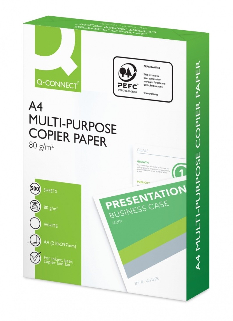 A4 საბეჭდი ქაღალდი Q-CONNECT 80 გრ. 500 ფურც. სითეთრე - 161CIE, სისქე - 108მკ. B კლასი
