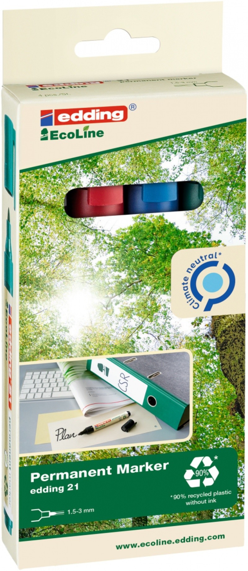 MARKER PERMANENT E-21 EDDING ECOLINE, 1,5-3MM, SET 4, COLOR MIX