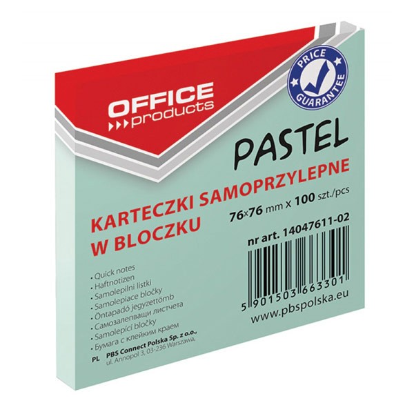 ჩასანიშნი წებოვანი სტიკერი OFFICE PRODUCTS 76X76მმ 100 ფურცელი PASTEL მწვანე
