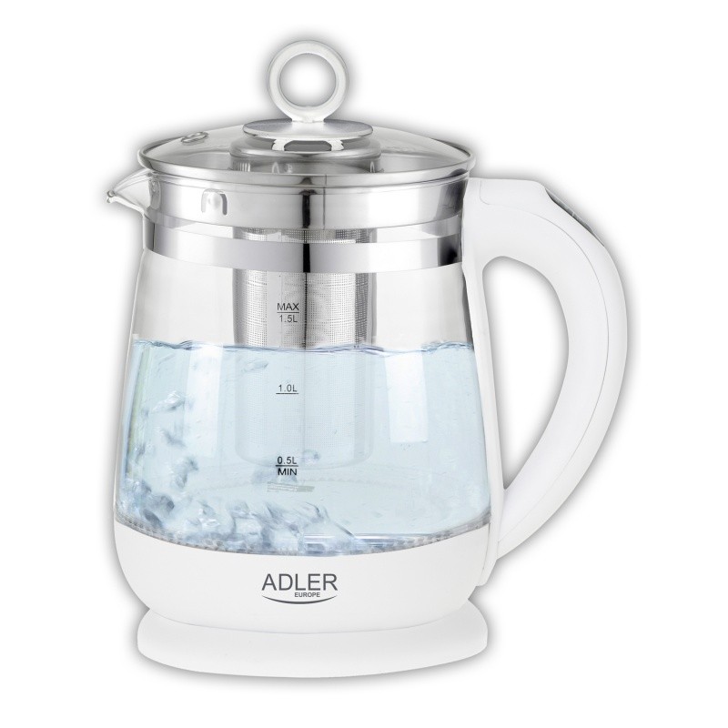 CORDLESS KETTLE GLASS, ADLER 1,5L, POWER 2200 W, WHITE