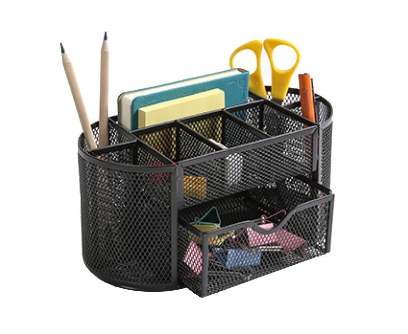 DESK ORGANIZER WITH DRAWER, Q-CONNECT, STEEL, MESH, 235X112X100MM, BLACK