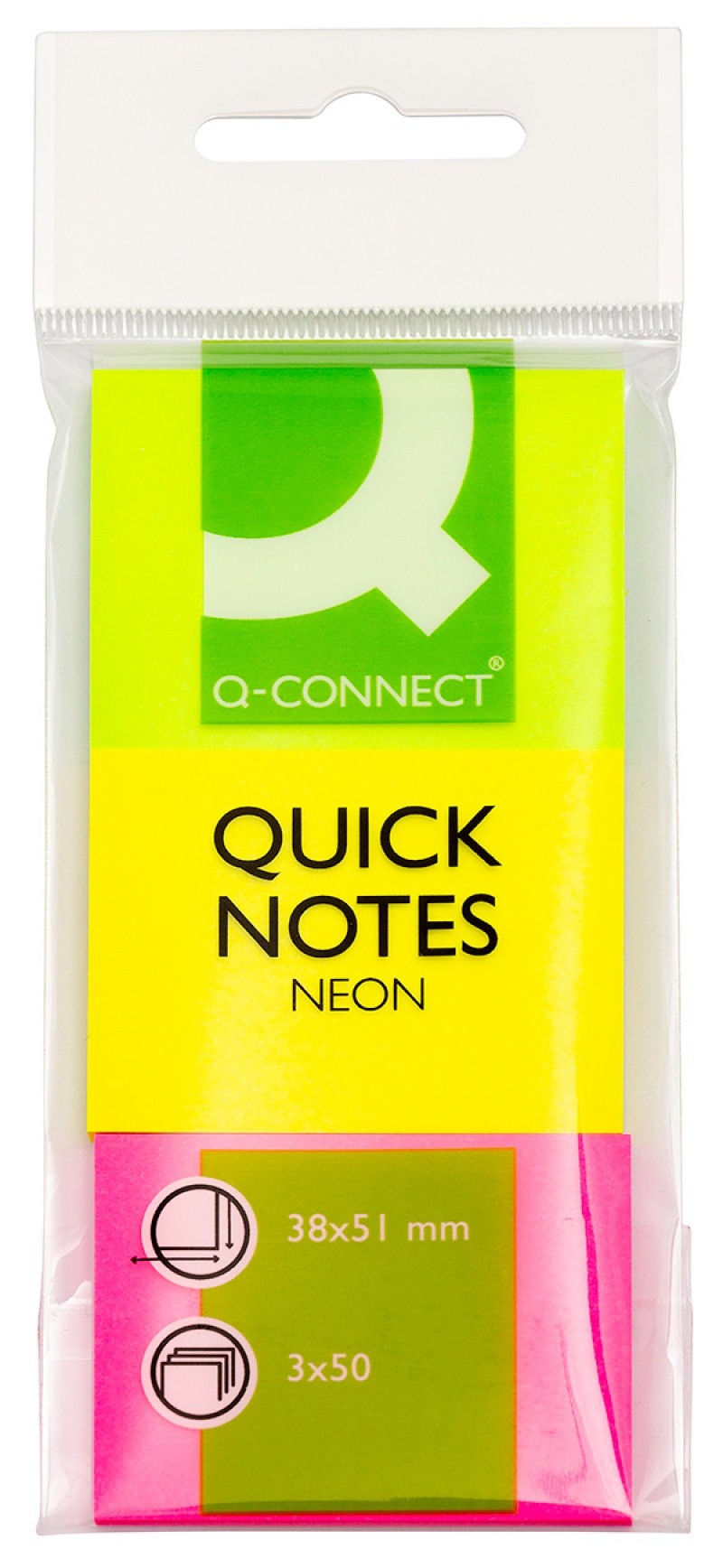 SELF STICK NOTES, Q-CONNECT, 38X51MM, 3X50SHEETS, NEON