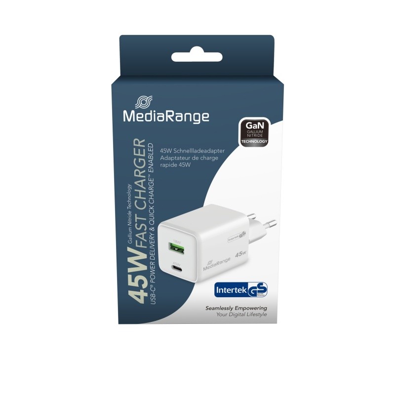 45W სწრაფი დამტენი, 1x USB-C + 1x USB-A, თეთრი